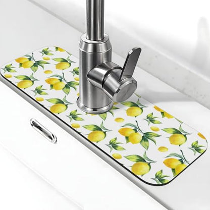 Yellow Lemon Green Leaves Kitchen Sink Splash Guard Faucet Mat Super Absorbent Fast Drying Mat Sink Gadgets-Fast Drying Pad Sink Mat For Kitchen Bathroom (15" X 5.5" ) - color: Yellow Lemon Green Leaves