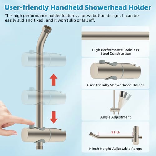 Hibbent Shower Slide Bar with Handheld Shower Head Holder, Stainless Steel Shower Arm Extension Sliding Bar, Height & Angle Adjustment Showerhead Holder, Brushed Nickel - color: Brushed Nickel