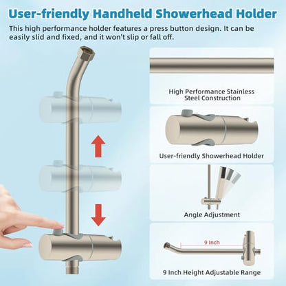 Hibbent Shower Slide Bar with Handheld Shower Head Holder, Stainless Steel Shower Arm Extension Sliding Bar, Height & Angle Adjustment Showerhead Holder, Brushed Nickel - color: Brushed Nickel