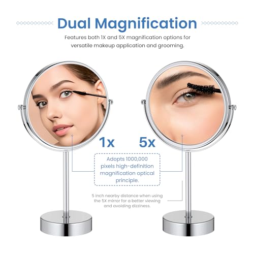 Free Standing Magnifying Makeup Mirror | Dual-Sided 1X/5X Magnification | 360° Rotating Vanity Mirror for Precise Grooming, Skincare & Beauty (Chrome, KMM103) - color: Chrome