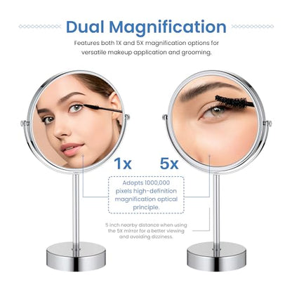 Free Standing Magnifying Makeup Mirror | Dual-Sided 1X/5X Magnification | 360° Rotating Vanity Mirror for Precise Grooming, Skincare & Beauty (Chrome, KMM103) - color: Chrome
