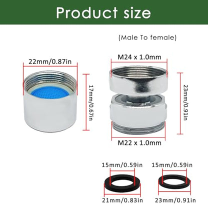 2 Pcs 360 Degree Swivel Faucet Adapter,Faucet Swivel Adapter Kit,With Flat Gasket,Fine Thread,For Bathroom Kitchen(M22 x 1mm Male To M24 x 1mm Female)