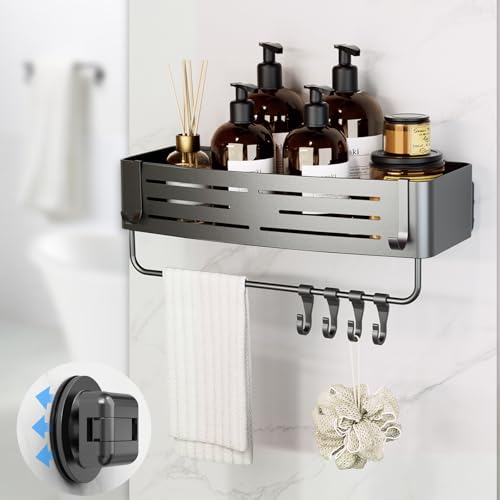 Onemake Suction Cup Shower Caddy, Shower Shelf, Bathroom Organizer, Gray | No-drill Rustproof Aluminum Removable Caddy with Hooks, Wall Mounted Shower Organizer, Corner Shampoo Holder for Bathroom - style: 1 Tier-Gray Square Caddy