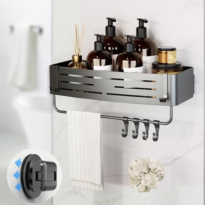 Onemake Suction Cup Shower Caddy, Shower Shelf, Bathroom Organizer, Gray | No-drill Rustproof Aluminum Removable Caddy with Hooks, Wall Mounted Shower Organizer, Corner Shampoo Holder for Bathroom - style: 1 Tier-Gray Square Caddy