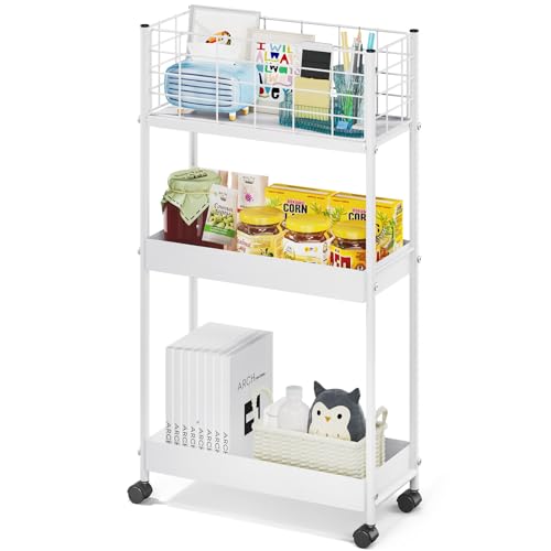 KINGRACK Slim Rolling Storage Cart 3 Tier - Heavy Duty Metal Utility Cart with Raised Edge & Wheels, Narrow Small Mobile Organizer Shelves for Bathroom, Kitchen, Laundry, Office, Living Room, White - color: White, size: 3-Tier