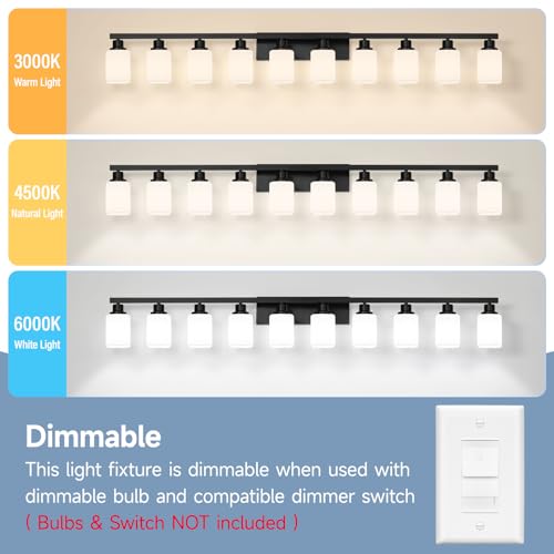 10-Light Bathroom Vanity Light,Modern Matte Black Bathroom Light Fixtures with Square Frosted Glass,64.5in Wall Sconces Over Mirror Restroom,Living Room Hallway E26 - color: Black, size: 10-Light
