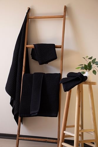 PÜSKÜL - Premium Waffle Towel Set 4 Pieces Black - Organic 100% Turkish Cotton Quick-Dry Towels for Bathroom Made in Turkiye (Black, Towel Set - 2 Hand & 2 Bath Towels) - color: Black, size: Towel Set - 2 Hand & 2 Bath Towels