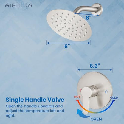 Airuida Shower Faucet Set,6 Inch Brushed Nickel Shower Trim Kit | Round Rainfall Shower Head,Single Handle,Male Threads Rough-in Valve,Wall Mount Bathroom System - color: Nickel, size: 6 Inch