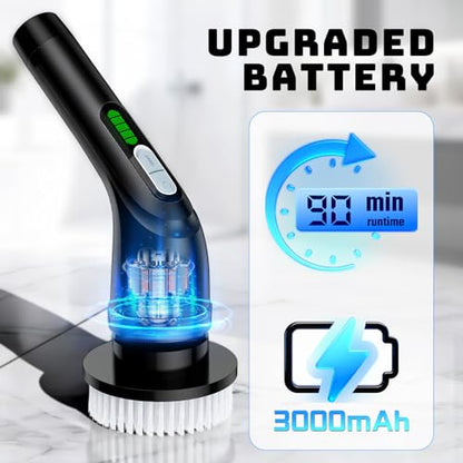 Electric Spin Scrubber, 2-Speed Cleaning Brush, Extendable Handle (Black) | Includes 7 reusable brush heads and an IPX7-rated design for cleaning bathrooms, showers, kitchens, tile, floors, and grout - color: Black