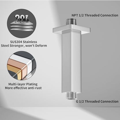 Chrome Shower Arm with Flange, 4 inch, Short | Universal Replacement Part for Ceiling-Mounted Square Straight Shower Head Extension Arm Pipe, Stainless Steel - color: Chrome
