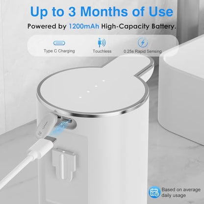 Automatic Touchless Soap Dispenser, 380ml Large Capacity, 4 Adjustable Levels, Wall Mount or Countertop, IPX5 Waterproof, USB-C Rechargeable, for Bathroom & Kitchen