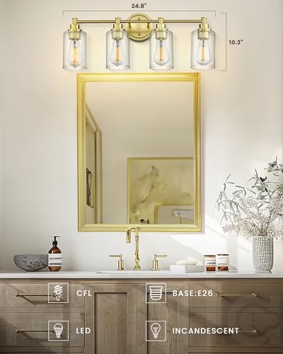 FEMILA Vanity Lights for Bathroom, Modern 4-Light Gold Bathroom Light Fixture, Wall Vanity Lamp with Champagne Gold Finish, 4FYC56B-4W BG - color: Champagne Gold, size: 24.8"