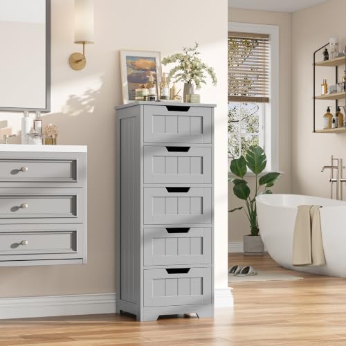 FOTOSOK Bathroom Cabinet, Bathroom Storage Cabinet with 5 Drawers, Grey | Narrow Bathroom Storage with Cut-Out Handles, 11.8” x 15.7” x 40.1”, Slim & Small Floor Cabinet for Laundry/Hallway - color: Grey