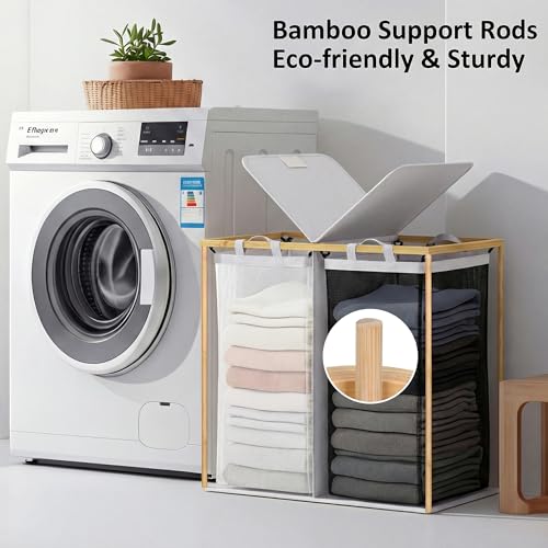efluky Laundry Hamper with Lid, Double Laundry Basket with 2 Removable Bags, 2 Section Laundry Bin with Bamboo Handles for Bathroom, Bedroom & Laundry Room, 140L (36.9 Gallon) Light Grey - color: Light Grey, size: 140L Dual