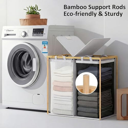 efluky Laundry Hamper with Lid, Double Laundry Basket with 2 Removable Bags, 2 Section Laundry Bin with Bamboo Handles for Bathroom, Bedroom & Laundry Room, 140L (36.9 Gallon) Light Grey - color: Light Grey, size: 140L Dual