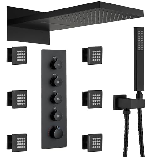 Luxury Thermostatic Rain & Waterfall Shower System with 22” Rain Shower Head & 6 Body Jets, Wall Mounted Shower Faucet Sets with Handheld Sprayer, 3/4” Inlet Thermostatic Valve - color: Matte Black