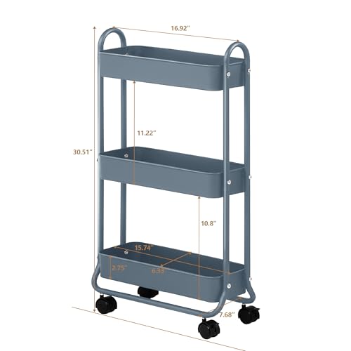 SunnyPoint Slim Rolling Storage Cart, 3 Tier Bathroom Storage Organizer Bathroom, Laundry Utility Cart (Blue) - color: Blue
