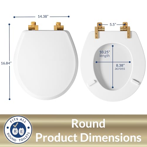 Mayfair Bennett Toilet Seat with Brushed Gold Hinges, Slow Close Wood Seat, Secure Metal Hinges, Easy Install, Made in USA, Round, White - color: Gold, size: Round