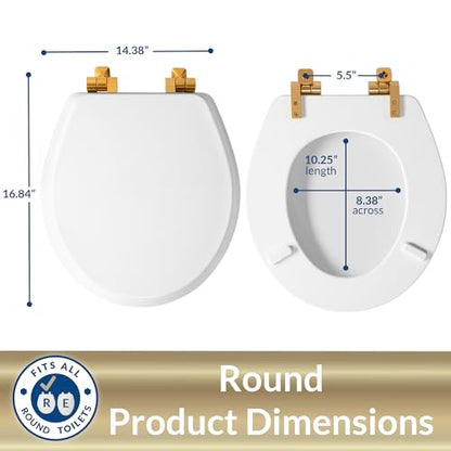 Mayfair Bennett Toilet Seat with Brushed Gold Hinges, Slow Close Wood Seat, Secure Metal Hinges, Easy Install, Made in USA, Round, White - color: Gold, size: Round