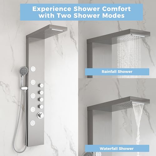 DELAVIN Stainless Steel Shower Tower, Multi Function Shower Panel Tower | Rainfall Waterfal, Full Body Shower System with Body Jets and Handheld Shower, Brushed Nickel, Solution for Rental Properties - style: 5 Body Jets
