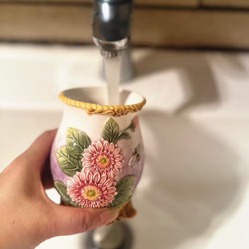 Ceramic Sunflower Bathroom Accessories Set, 4 Piece Bathroom Ensemble Set with Toothbrush Holder, Toothbrush Cup, Soap Dispenser, Soap Dish (Pink) - color: Pink