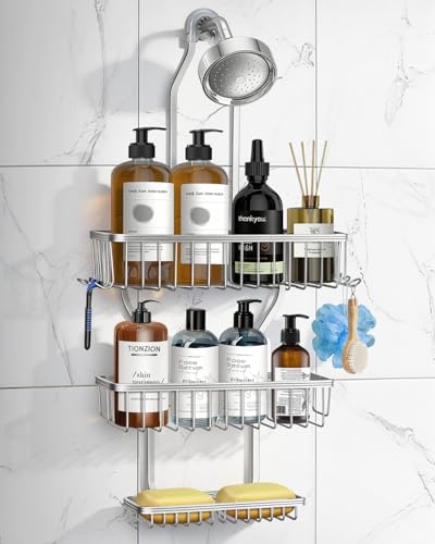 Shower Caddy Hanging - Never Rust Shower Hanging Organizer - Aluminum Over the ShowerHead Caddy with Soap Basket and 6 Hooks for Razor/Sponge (Shiny Silver) - color: Shiny Silver