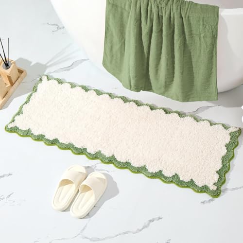 ORTIGIA Long Cute Scalloped Bathroom Rugs Runner, Fun White and Green Plush Microfiber Scallop Bath Mats Non Slip Washable Quick Dry Absorbent, Rug Carpet for Bathtub Sink Laundry Room Bedroom, 17x47 - color: Green and White, size: 1'5" x 3'11" (Rectangul