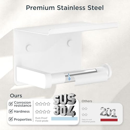 FORIOUS Toilet Paper Holder with Shelf, Adhesive or Screw, White | Wall Mount Toilet Paper Roll Holder for Bathroom, Stainless Steel Commercial Toilet Tissue Roll Dispenser with Phone Shelf - color: White