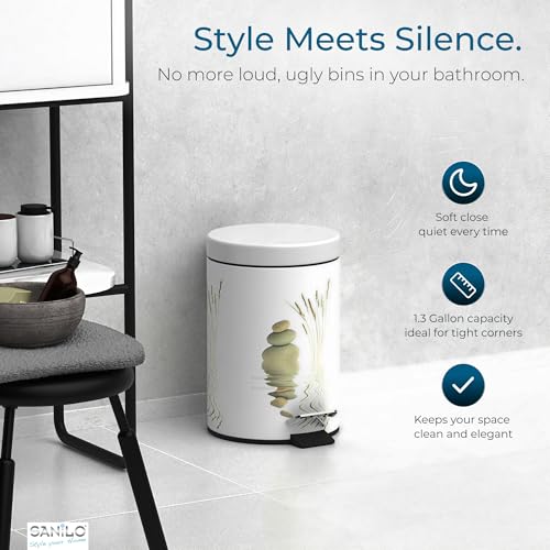 Sanilo Small Bathroom Trash Can with Lid [1.3 Gallon] - Lidded Tiny Trashcan for Garbage - Mini Metal Bin with Soft Closing Mechanism - Bath Room Accessoire Wastebin with Inner Bucket (Balance) - color: Balance