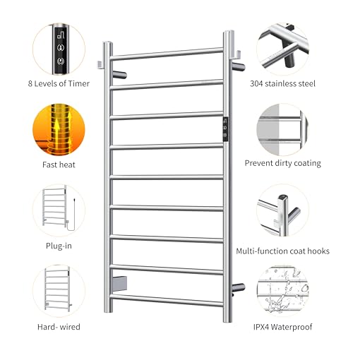 Z&Zhanle Heated Towel Rack for Bathroom,Wall Mounted Electric Towel Rack with Timer and LED Indicator, 9-Bar Towel Warmer, Stainless Steel Polished, Hard-Wired/Plug-in