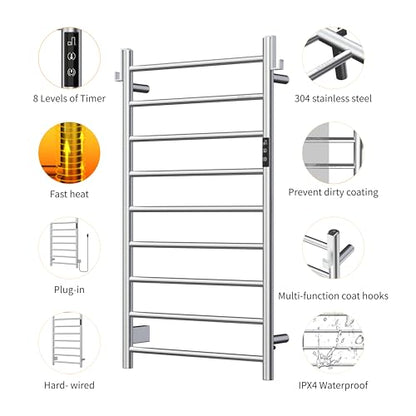 Z&Zhanle Heated Towel Rack for Bathroom,Wall Mounted Electric Towel Rack with Timer and LED Indicator, 9-Bar Towel Warmer, Stainless Steel Polished, Hard-Wired/Plug-in