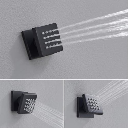 Iriber Mattle Black Square Rain Shower System with 4 PCS Body Jets 3 Function Shower Faucet Set Contain 12 Inch Shower Head and Handheld Wall Mounted Pressure Balance Shower Trim Kit (Valve Included) - color: Matte Black 03