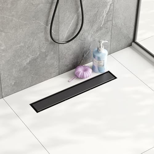 Neodrain 18" Shiny Black Linear Shower Drain,2-in-1 Flat& Tile Insert Cover | 304 Stainless Steel,Fast Drainage, Durable,Rectangle Shower Floor Drain with Adjustable Feet,Hair Strainer,Fits Bathrooms - color: Shiny Black, size: 18 In