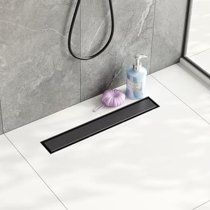 Neodrain 18" Shiny Black Linear Shower Drain,2-in-1 Flat& Tile Insert Cover | 304 Stainless Steel,Fast Drainage, Durable,Rectangle Shower Floor Drain with Adjustable Feet,Hair Strainer,Fits Bathrooms - color: Shiny Black, size: 18 In