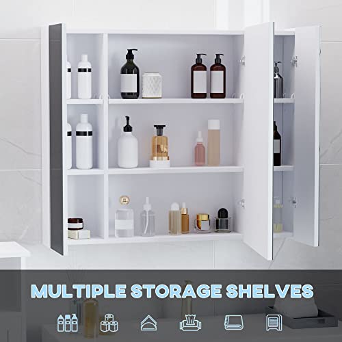 kleankin LED Medicine Cabinet with Mirror, 3 Doors, USB, Wall Mount, White | 35.5 x 29.5" Bathroom Vanity Mirror, rganizer, Dimmer, Touch Switch