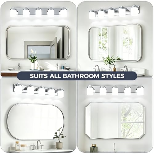 36.5 Inches Bathroom Vanity Light, 5-Light Chrome Bathroom Light Fixtures Over Mirror, Bathroom Light Shower Lamp with Milky White Square Glass Shade, Modern Farmhouse Lighting Fixtures - color: Chrome, size: 36.5 Inch : 5-lights