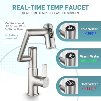 Rotatable Bathroom Faucet with Temperature Display in Fahrenheit(Batteries-Free), Height Adjustable Sink Smart Faucet with 3 Water Settings for Bathroom Lavatory Vanity Sink, LCF-2401, Brushed Nickel - color: Brushed Nickel - Fahrenheit