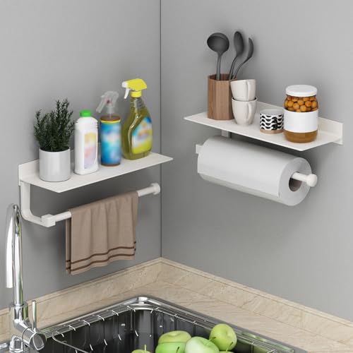 White Paper Towel Holder with Shelf Wall Mount, Adhesive Hand Towel Holder for Bathroom, Kitchen Towel Holder - color: White