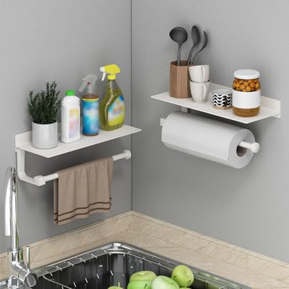 White Paper Towel Holder with Shelf Wall Mount, Adhesive Hand Towel Holder for Bathroom, Kitchen Towel Holder - color: White