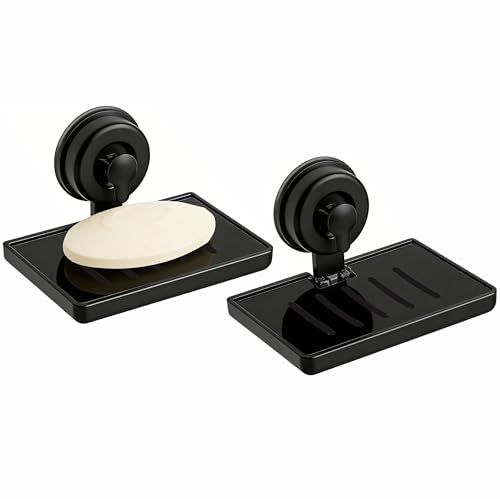 SUOXING 2 Pack Bar of Soap Holder for Shower with Suction Cup,Rustproof Wall Mounted Acrylic Shower Soap Rack & Caddy for Bathroom,Bath,Kitchen,Plastic Self Draining Soap Holder and Soap Shelf,Black - color: Black