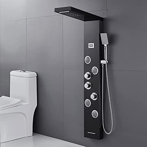6-in-1 LED Shower Panel Tower System Stainless Steel Black | Rainfall + waterfall | 4 body jets | Handheld shower | Tub spout | LED display | Wall mount - color: Black