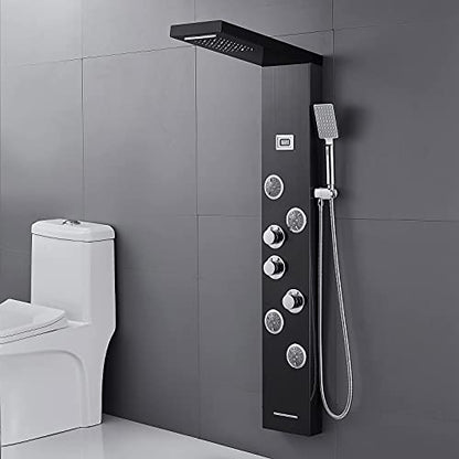 6-in-1 LED Shower Panel Tower System Stainless Steel Black | Rainfall + waterfall | 4 body jets | Handheld shower | Tub spout | LED display | Wall mount - color: Black