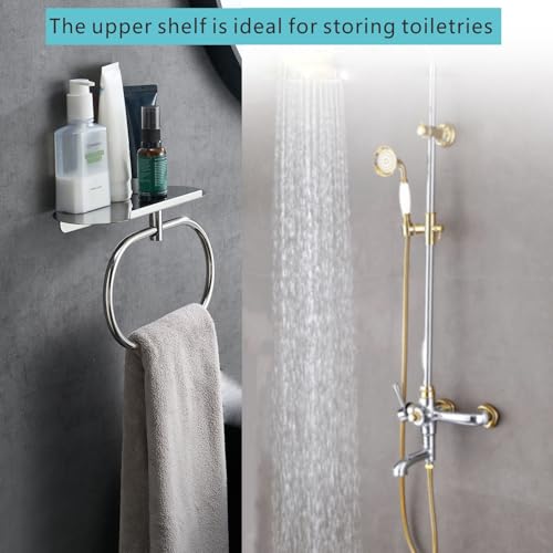 Towel Ring with Shelf Steel Self, Stainless Steel Bath Towel Rings, Self Adhesive Hand Towel Ring for Bathroom, Wall Mounted Towel Hanger for Bathroom Kitchen (Chrome) - color: Chrome