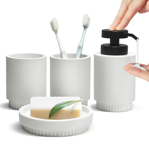Resin Bathroom Accessories Set, 4 Pcs Modern Bathroom Accessory Set with Liquid Plastic Pump Lotion Soap Dispenser,2 Toothbrush Cup, Soap Dish Countertop Vanity Organizer(White) - color: White2