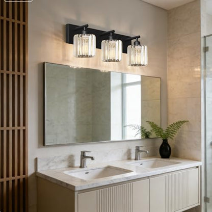 Black Crystal Bathroom Vanity Light, 3-Light Modern Bathroom Lighting Fixtures Over Mirror, Matte Black Wall Sconce Light Fixtures with Round Shade - color: Black-Round Shade, size: 3-LIGHT