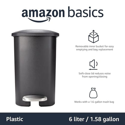 Amazon Basics Compact Plastic Bathroom Trash Can with Soft-Close Lid, Hands-Free Foot Pedal, Removable Inner Bucket, 6L / 1.6 Gallon, Black - size: 6L / 1.6 gallon