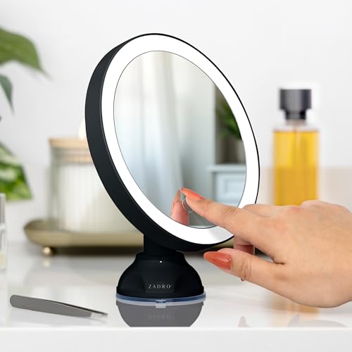 Zadro Zado 8.25-Inch x 6.9-Inch Round LED Lighted Wall Mounted Suction Cup Makeup Mirror with 10X Magnification and Touch Controls (Black) - color: Black