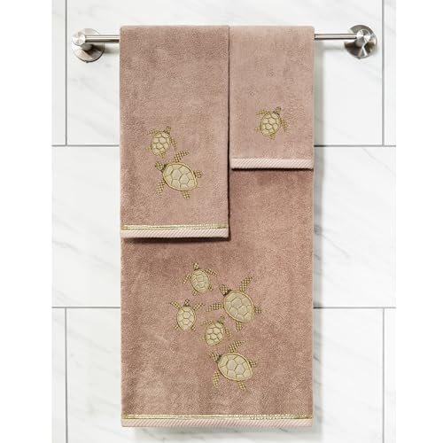 Jewel 4-Piece Premium Towel Set, Embroidered Turtles, Plush Turkish Cotton, Durable & Quick Dry, Elegant Beach Style, 2 Bath 2 Hand Towels, Cocoa - color: Cocoa, size: 2 Pcs Bath 2 Pcs Hand Towel