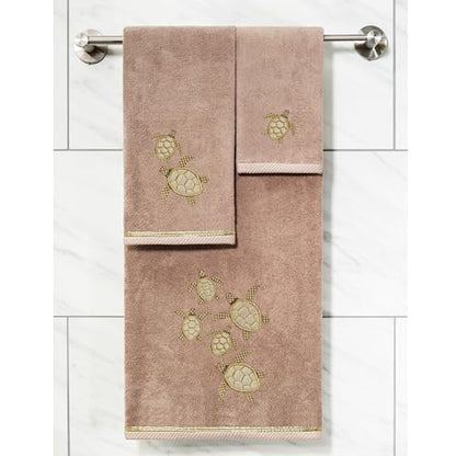 Jewel 4-Piece Premium Towel Set, Embroidered Turtles, Plush Turkish Cotton, Durable & Quick Dry, Elegant Beach Style, 2 Bath 2 Hand Towels, Cocoa - color: Cocoa, size: 2 Pcs Bath 2 Pcs Hand Towel