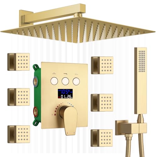 Temperature Display Rain Mixer Shower Faucet Set with 6 pcs Body Jets 12 inch Square Rainfall Shower Head with Handheld Spray Wall Mounted Rough-in Valve and Trim Included,Brushed Gold - color: Brushed Gold